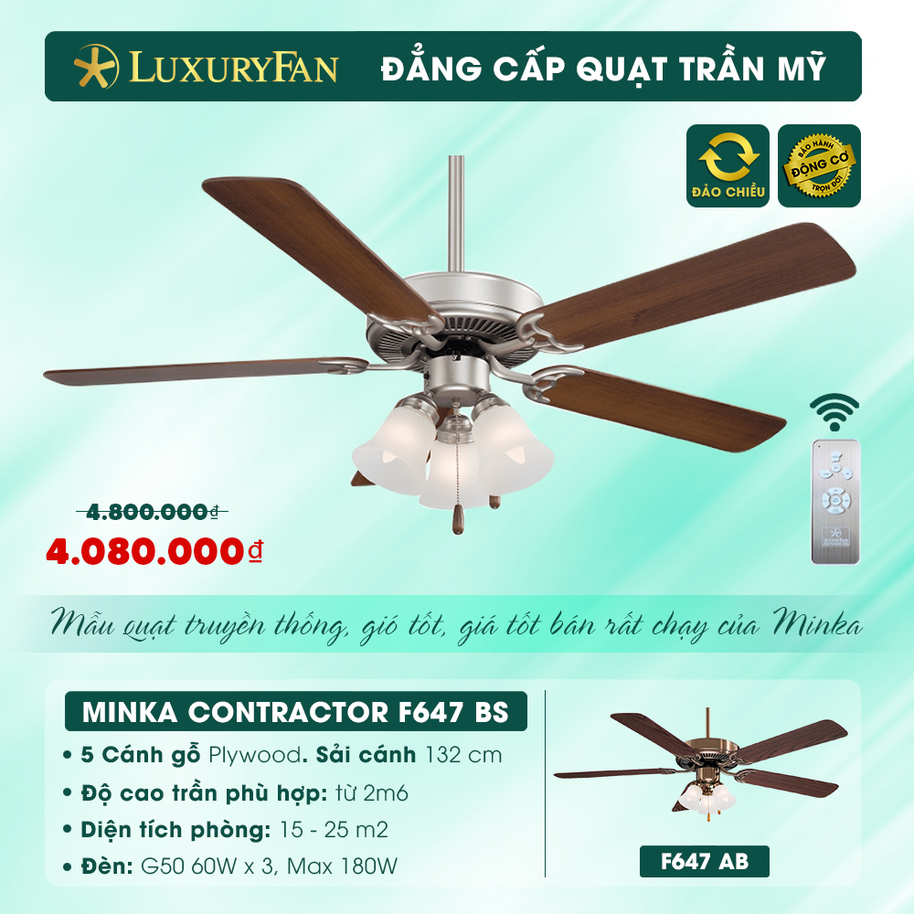 Quạt trần mỹ LuxuryFan MINKA CONTRACTOR F647 BS