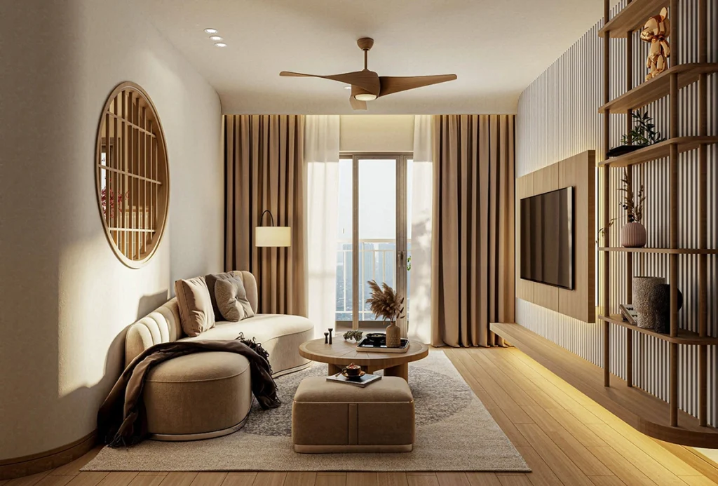 Một đặc điểm dễ nhận thấy trong không gian Wabi Sabi là các bề mặt tường không quá phẳng và bóng.