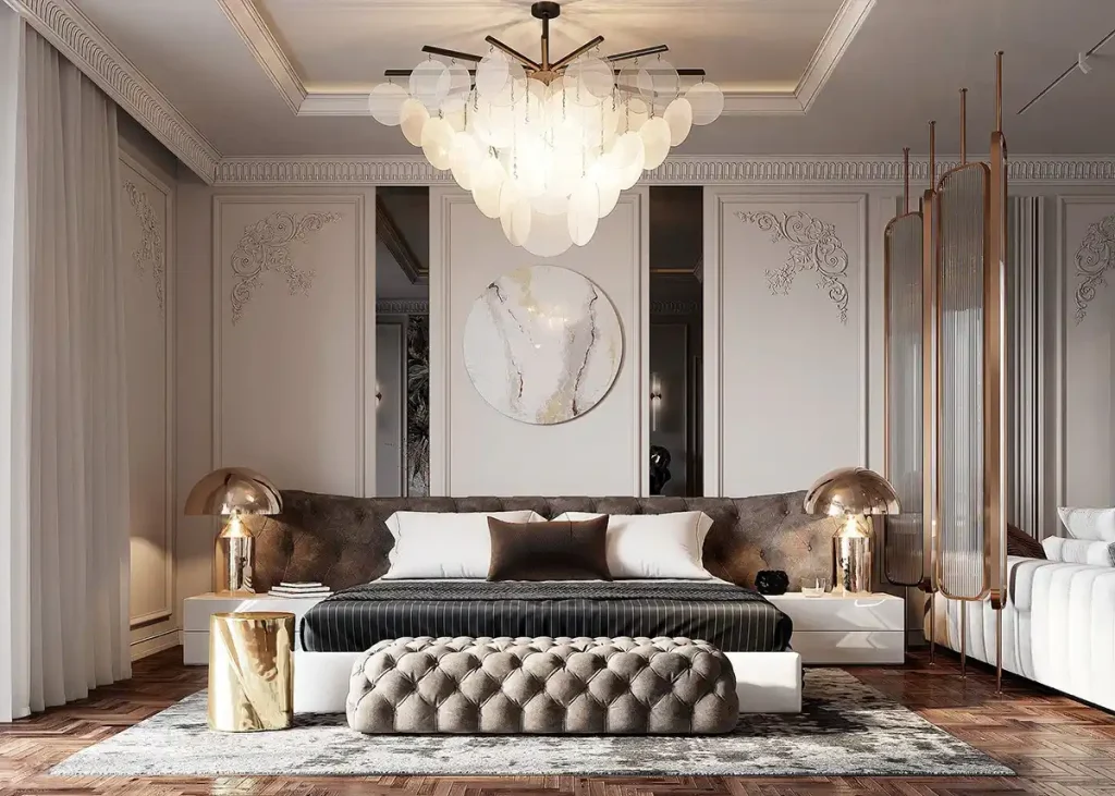 Đối với phòng ngủ Luxury, đèn không chỉ có chức năng chiếu sáng mà còn là điểm nhấn trang trí. Những mẫu đèn chùm pha lê, đèn thả nghệ thuật hoặc đèn gắn tường cao cấp thường được sử dụng để tạo sự sang trọng.
