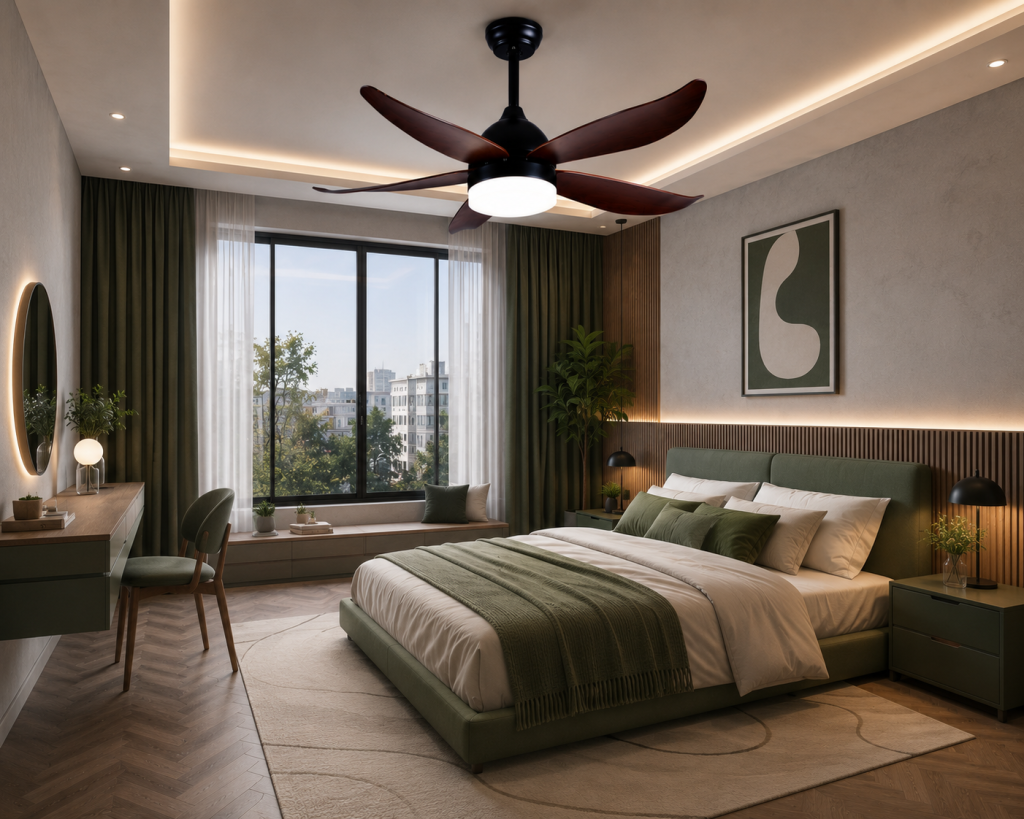 Một xu hướng nổi bật khác là sử dụng quạt trần đèn trang trí. Không chỉ đảm nhiệm vai trò chiếu sáng, thiết bị này còn giúp lưu thông không khí hiệu quả, giảm sự phụ thuộc vào điều hòa trong những ngày thời tiết mát mẻ