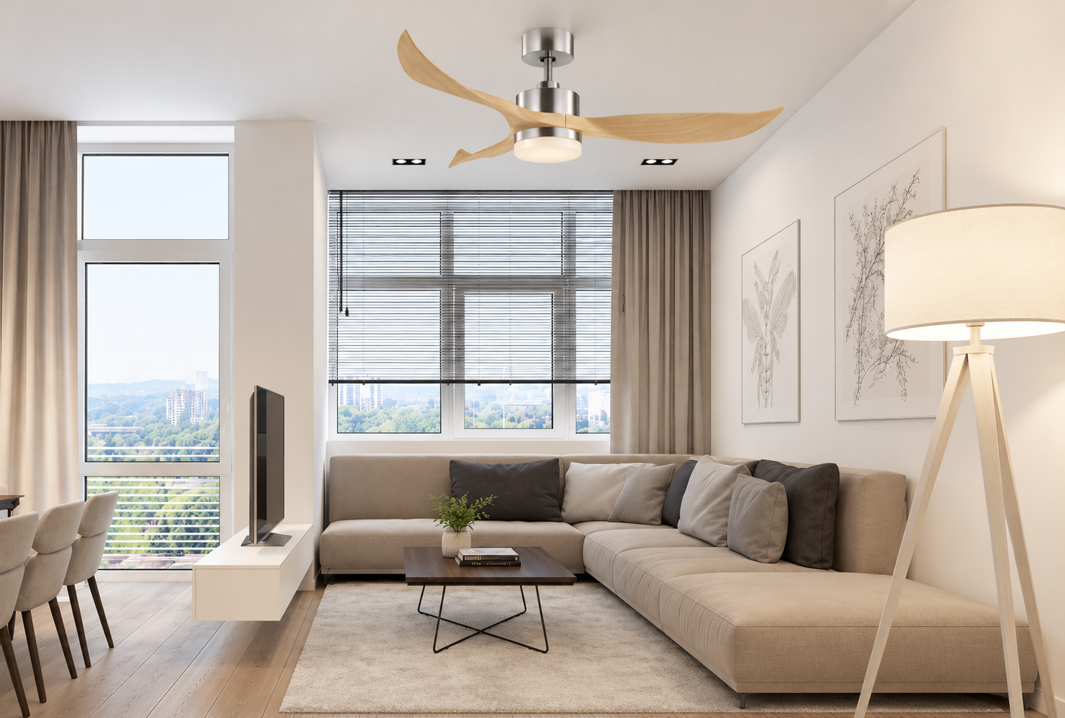 Quạt trần Luxaire Curve 42 inch 3 cánh cong màu mạ kền có điều khiển từ xa