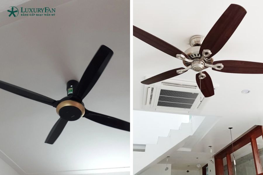 Quạt trần 5 cánh thường vận hành êm hơn do lực gió được chia đều trên nhiều cánh. Trong khi đó, quạt 4 cánh khi chạy ở tốc độ cao có thể tạo ra tiếng gió rõ hơn.