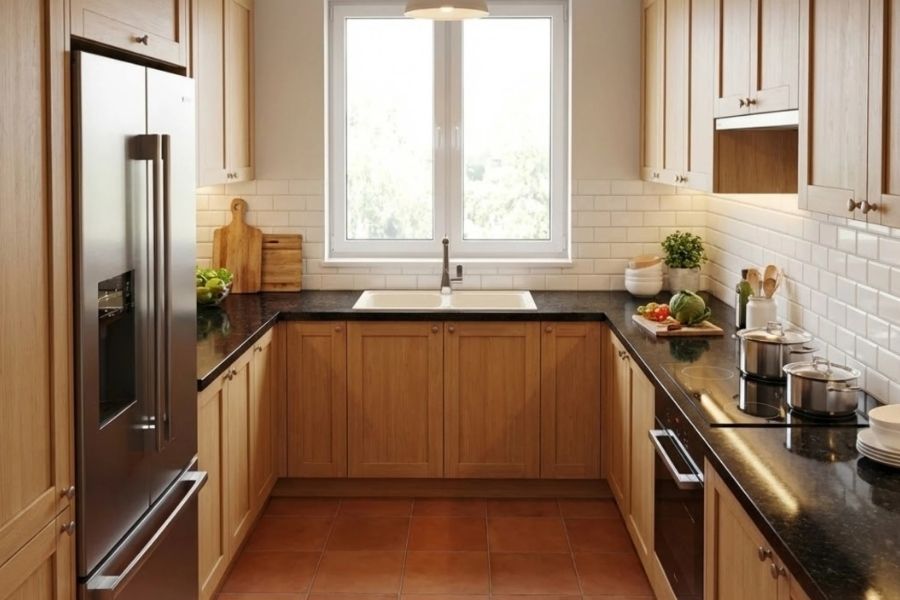 Cách bố trí vuông góc giúp hạn chế việc bếp và bồn rửa đối diện trực tiếp, từ đó tạo sự hài hòa về phong thủy