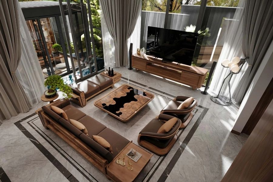 Nội thất trong phòng khách nên được sắp xếp gọn gàng, cân đối và tạo lối đi thông thoáng