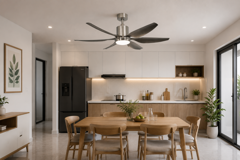 Khu vực bàn ăn cần ánh sáng dịu hơn khu vực nấu nướng vì đây là nơi gia đình dùng bữa, trò chuyện và thư giãn