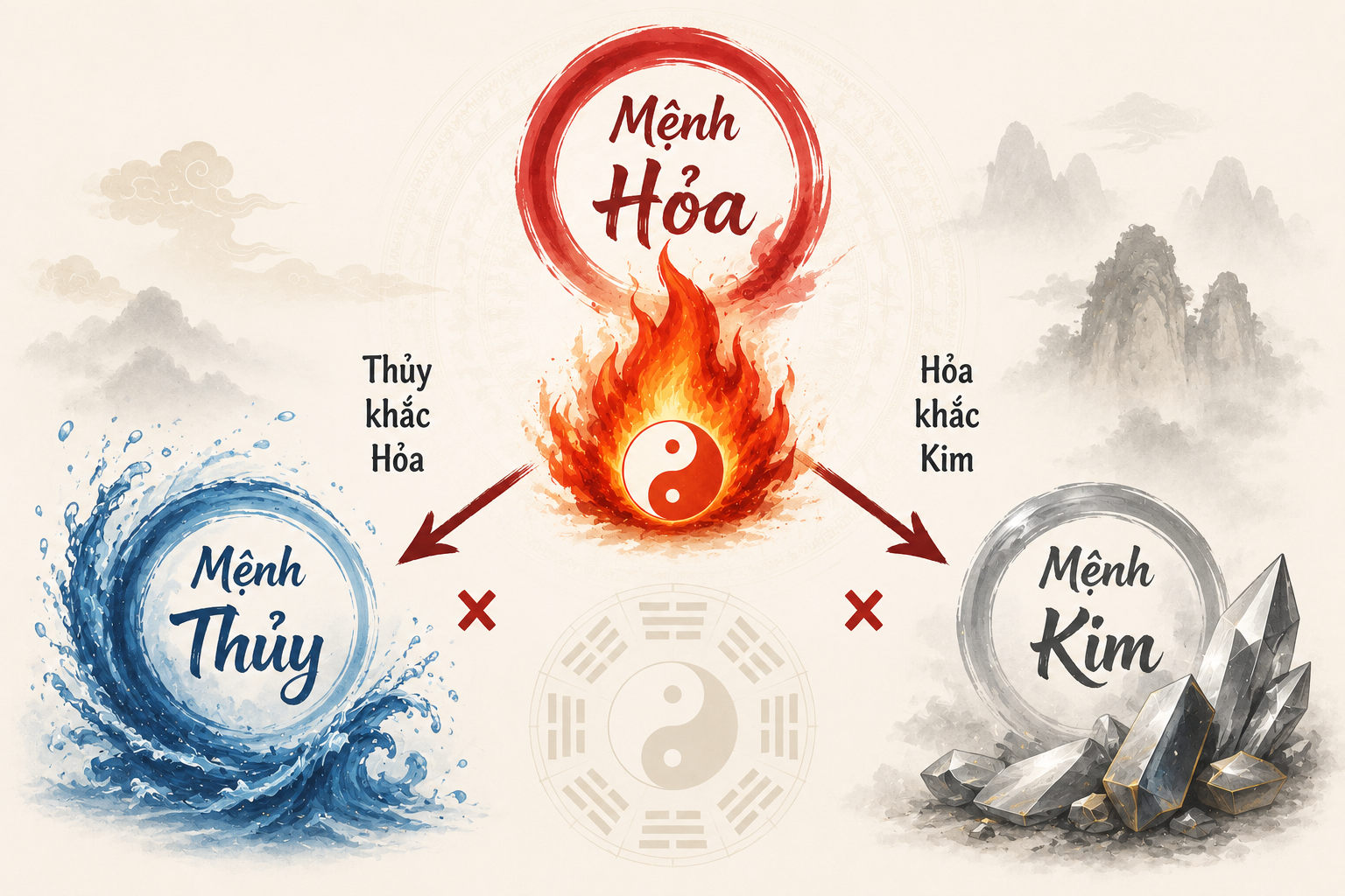Hai mệnh có sự xung khắc rõ rệt với Hỏa là Thủy và Kim.