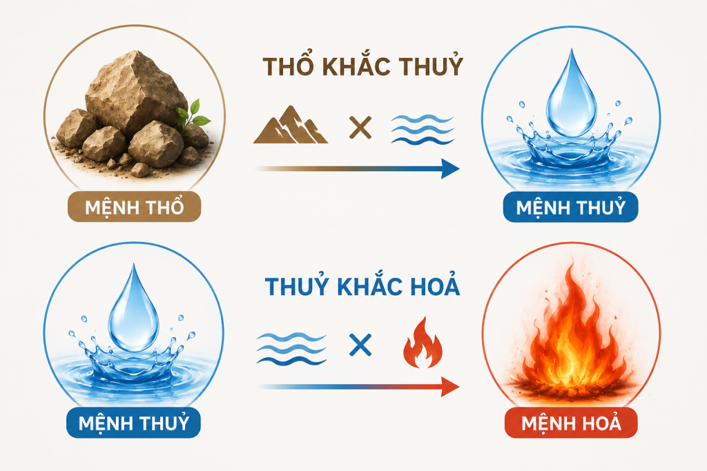 người mệnh Thủy cũng có mối quan hệ tương khắc với một số hành khác là thổ và hoả