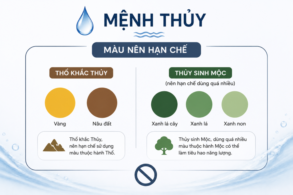 Theo quan niệm phong thủy, người mệnh Thủy nên hạn chế sử dụng các màu thuộc hành Thổ như vàng và nâu đất