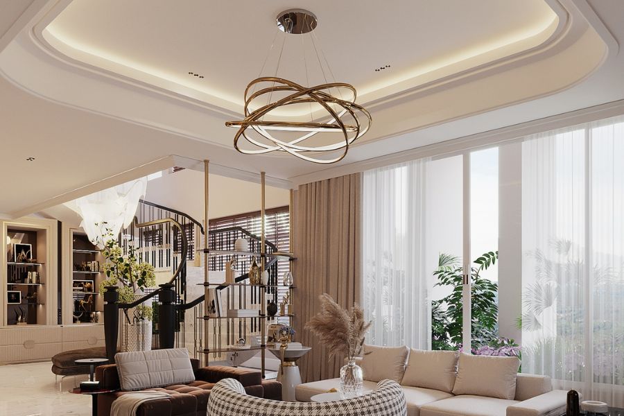 Bên cạnh gỗ và thạch cao, các chi tiết kim loại trang trí như lam nhôm, thanh inox mạ vàng, khung thép sơn tĩnh điện hoặc các đường viền kim loại cũng được ứng dụng ngày càng nhiều trong thiết kế trần nhà hiện đại