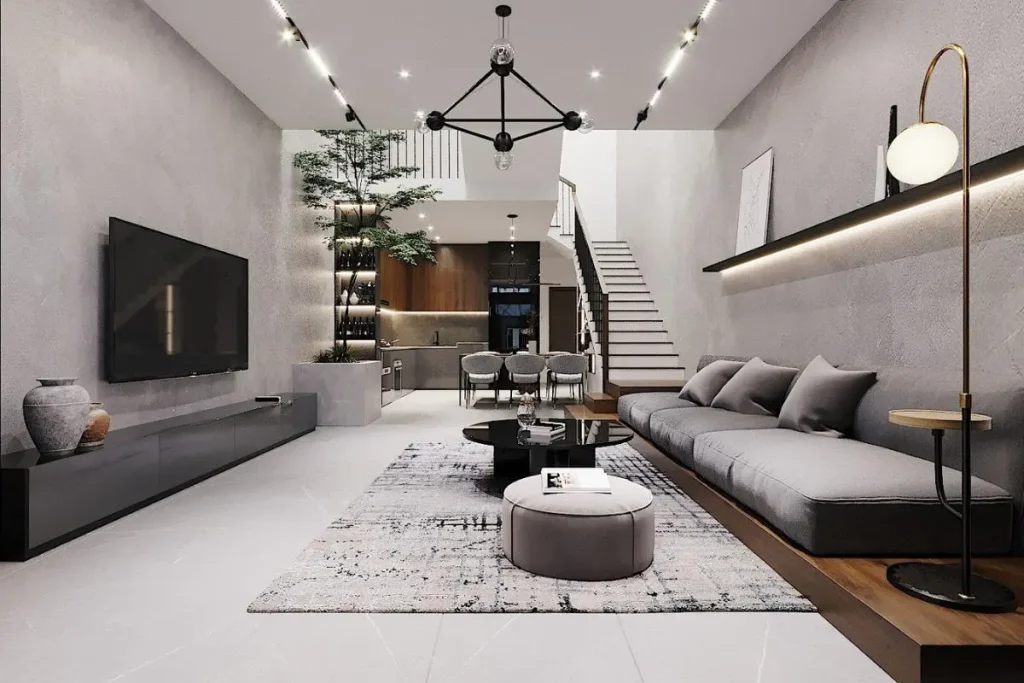 Một phòng khách hiện đại có thể kết hợp nhiều loại vật liệu khác nhau để tạo nên sự phong phú về thị giác.
