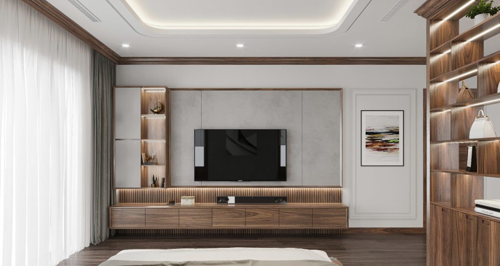 Kệ tivi treo tường giúp phòng khách gọn gàng và thoáng hơn.