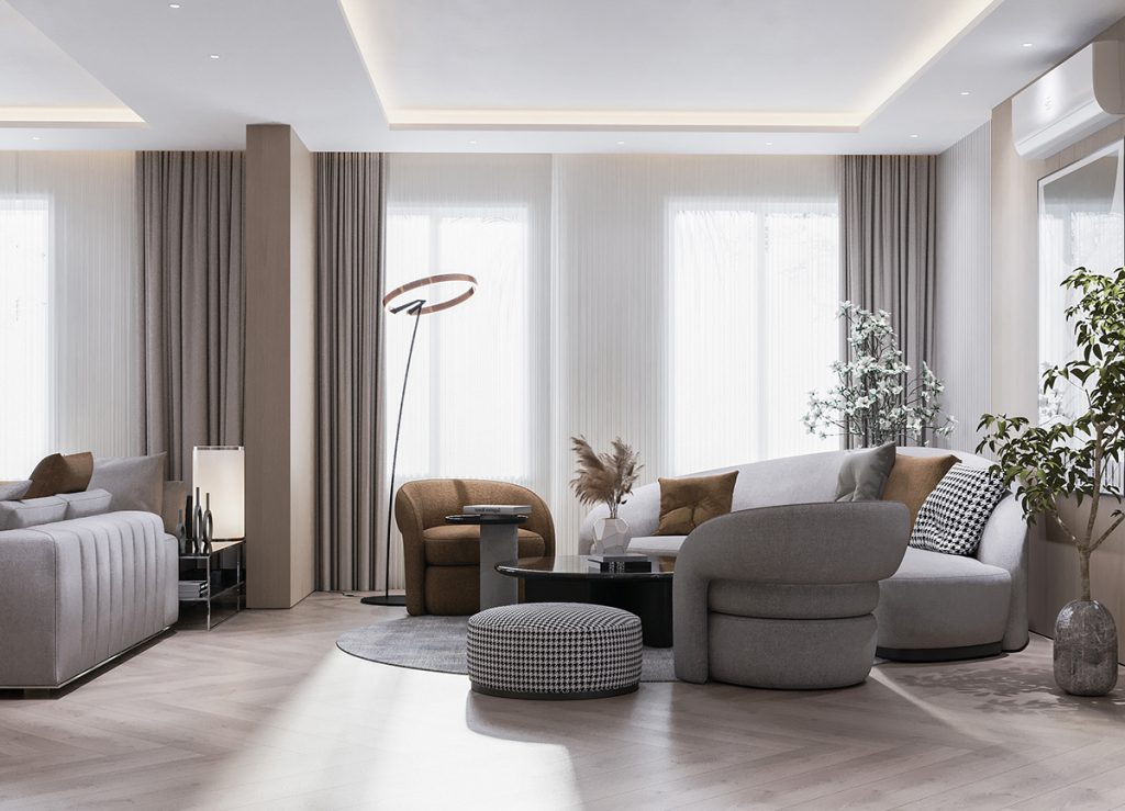 Sự kết hợp giữa gỗ, kính, đá, kim loại, vải hoặc các bề mặt sơn hiệu ứng giúp không gian bớt đơn điệu nhưng vẫn giữ được sự thống nhất