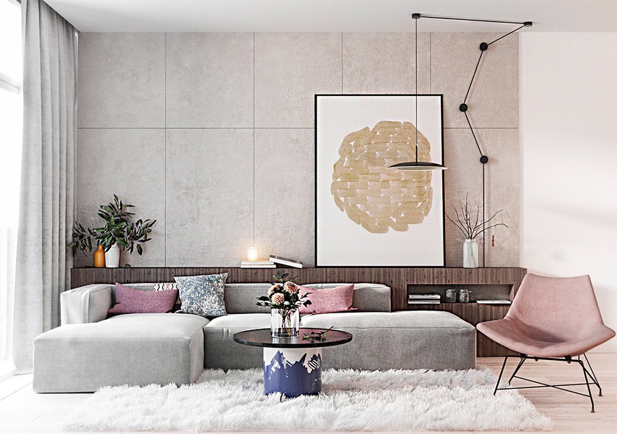 Mảng tường phía sau tivi hoặc phía sau sofa có thể được xử lý bằng gạch vân đá, đá tự nhiên, đá nhân tạo hoặc gạch có bề mặt xi măng.