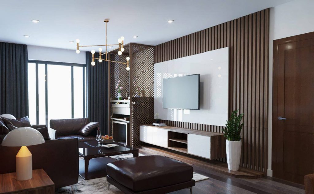 Mảng tường gỗ giúp cân bằng những bề mặt lạnh như kính, đá hoặc kim loạ