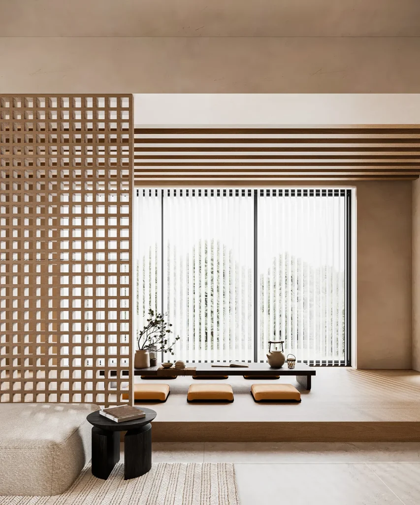 Vách ngăn gỗ dạng nan hoặc cửa trượt lấy cảm hứng từ shoji có thể giúp tăng dấu ấn Nhật Bản cho không gian