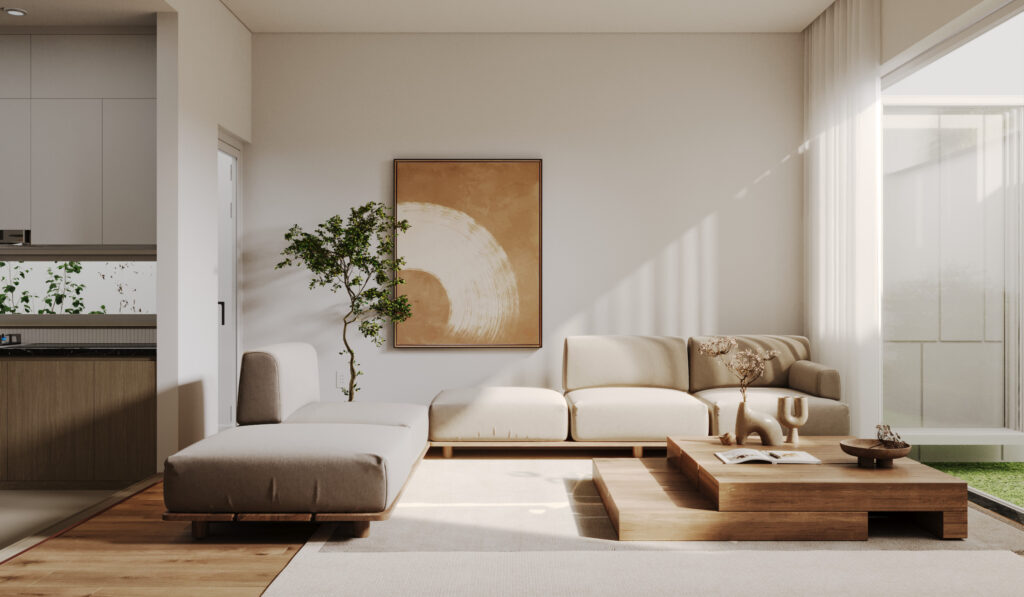 Sofa trong phòng khách kiểu Nhật thường có chiều cao thấp hoặc vừa phải, đường nét đơn giản và ít chi tiết trang trí