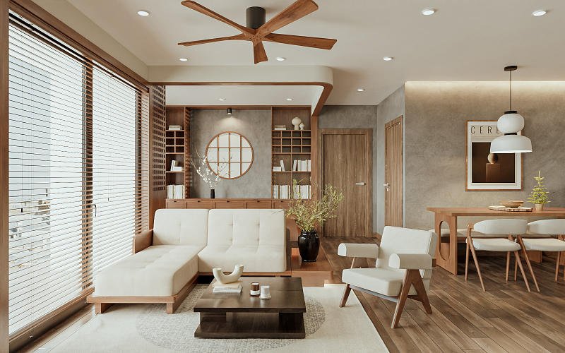 Quạt trần có thể kết hợp tốt với phòng khách phong cách Nhật nếu lựa chọn kiểu dáng thanh thoát và màu sắc phù hợp