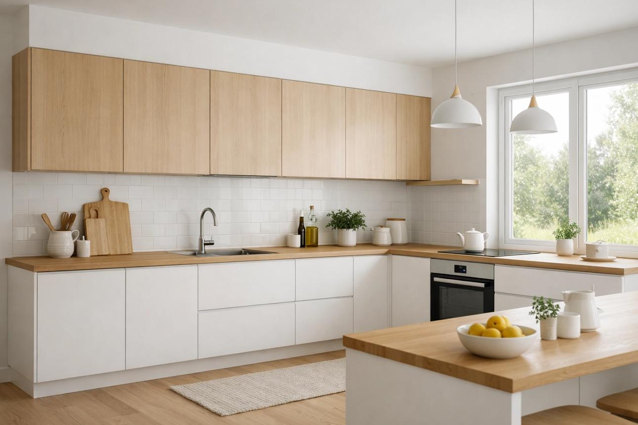 Phòng bếp Scandinavian kết hợp hài hòa giữa nội thất gỗ, gam màu sáng và công năng tiện dụng.