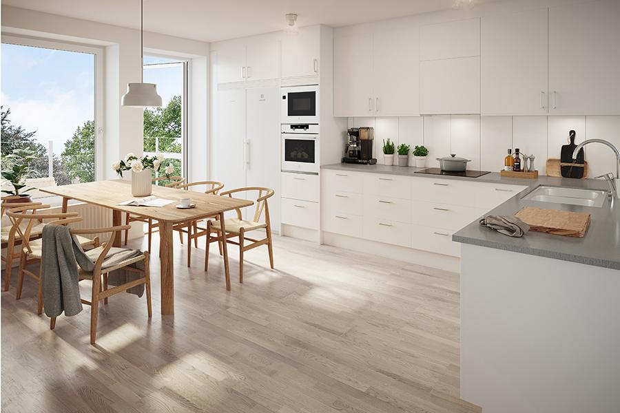 Phòng bếp Scandinavian kết hợp hài hòa giữa nội thất gỗ, gam màu sáng và công năng tiện dụng.