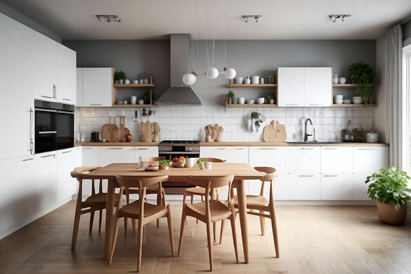 Phòng bếp Scandinavian kết hợp hài hòa giữa nội thất gỗ, gam màu sáng và công năng tiện dụng.
