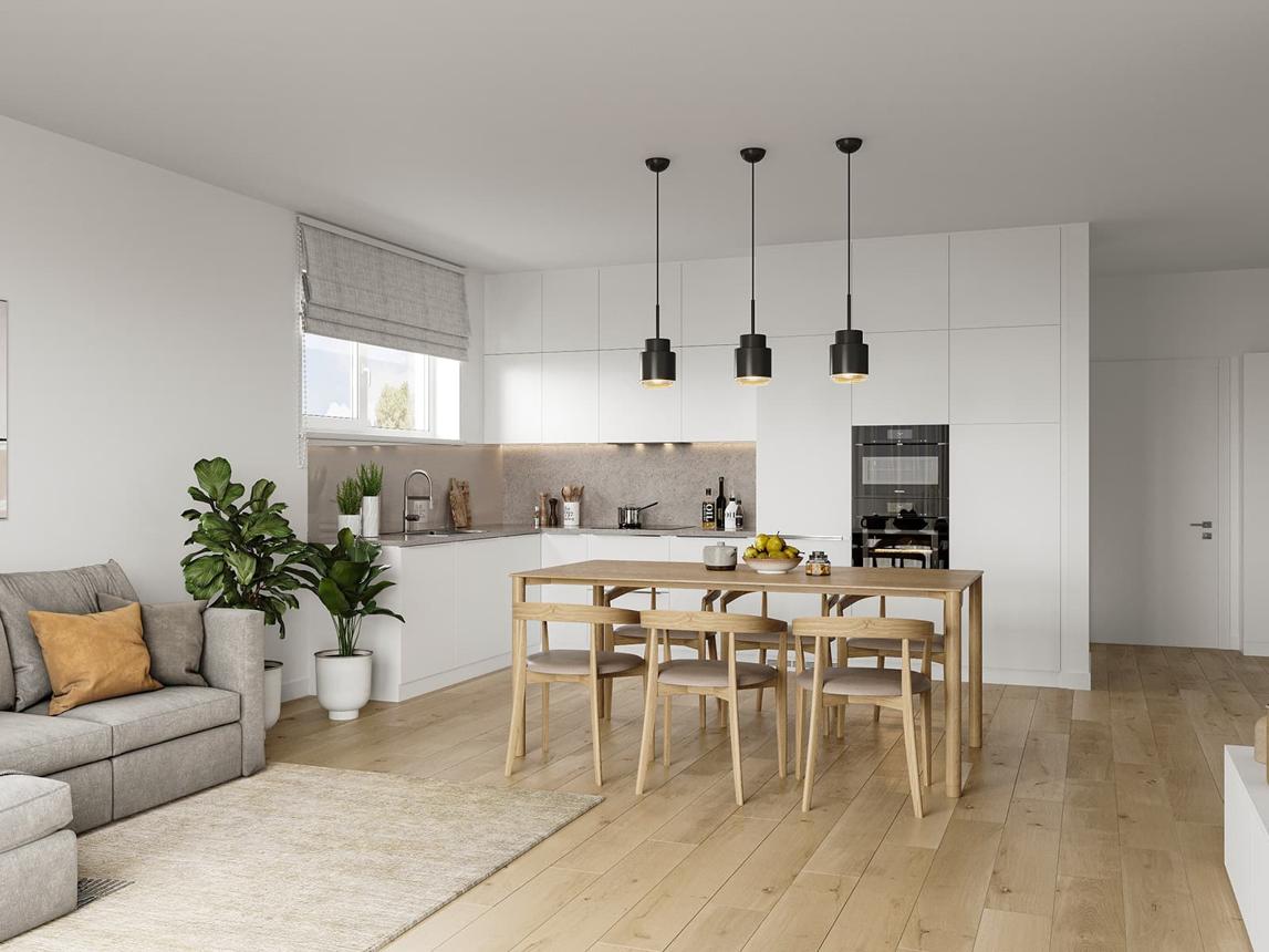 Phòng bếp Scandinavian kết hợp hài hòa giữa nội thất gỗ, gam màu sáng và công năng tiện dụng.