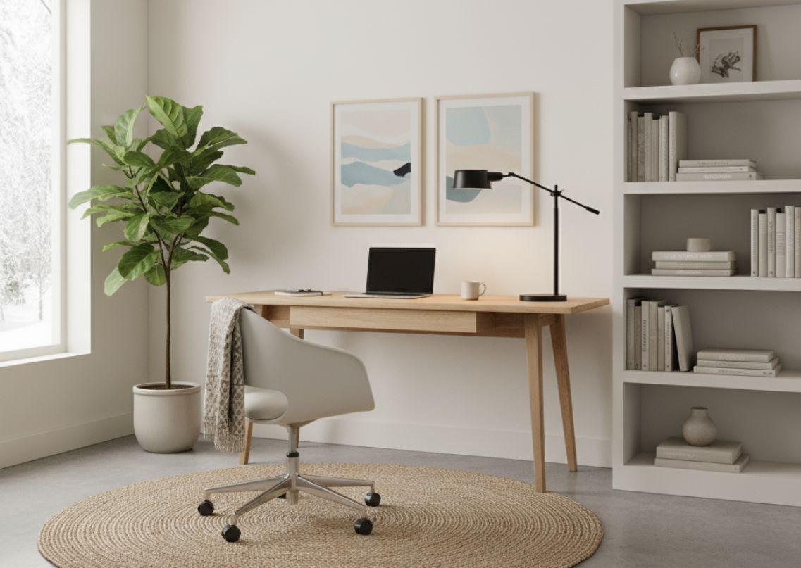 Góc làm việc Scandinavian được thiết kế gọn gàng, tận dụng ánh sáng tự nhiên và tạo cảm giác tập trung.