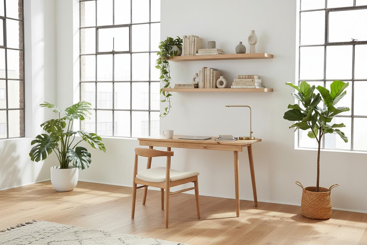 Góc làm việc Scandinavian được thiết kế gọn gàng, tận dụng ánh sáng tự nhiên và tạo cảm giác tập trung.
