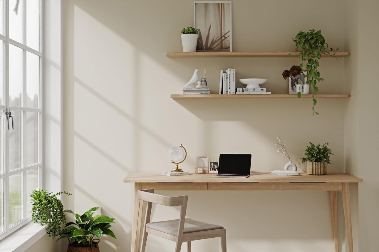 Góc làm việc Scandinavian được thiết kế gọn gàng, tận dụng ánh sáng tự nhiên và tạo cảm giác tập trung.