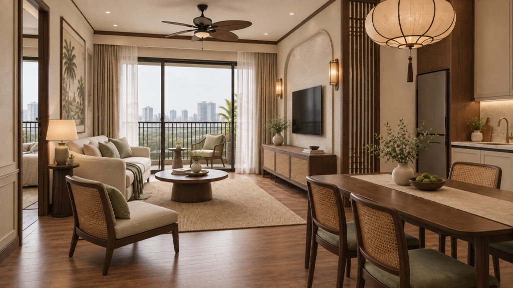 Đối với chung cư, phong cách Indochine nên được ứng dụng theo hướng tinh gọn để tránh khiến căn hộ trở nên chật chội.