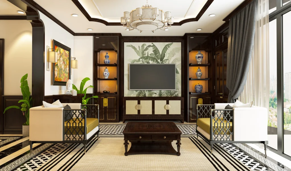 Phòng khách là không gian phù hợp để thể hiện rõ nhất đặc trưng của phong cách Indochine