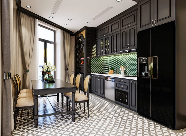 Phòng bếp Indochine thường sử dụng tủ bếp gỗ hoặc tủ màu trắng kem kết hợp với các chi tiết màu nâu hoặc đen.