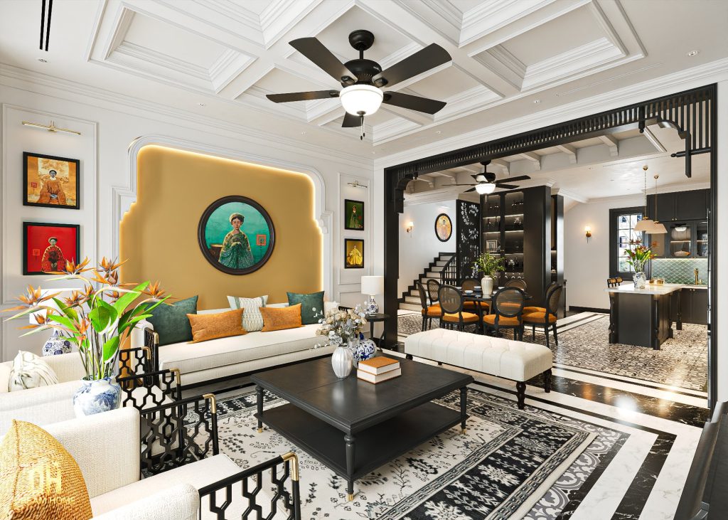 Hệ cửa trong kiến trúc Indochine thường sử dụng gỗ, kính hoặc thiết kế dạng cửa chớp để tăng khả năng thông gió